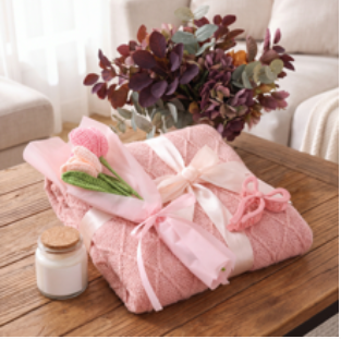 4-Piece Blush & Bloom Gift Set Lavendar & Sage Hibiscus Hippie Designed Mystical Mornings Candle, Pink Blanket, Crochet Bouquet, Bow Clip