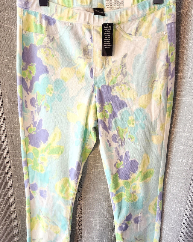 New HUE Denim Purple, Blue, Yellow & Green Abstract Paint Splash Leggings