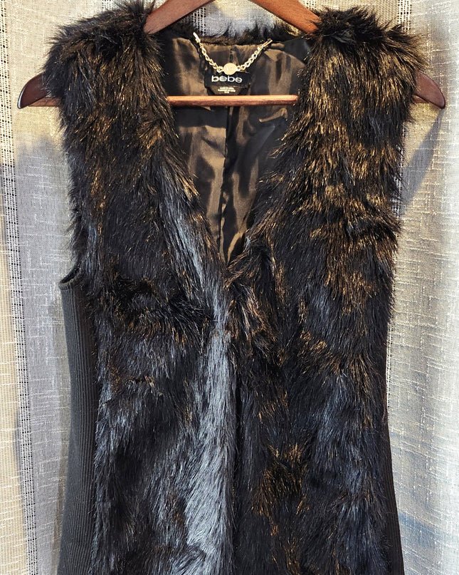 Bebe Y2k Vintage Black Faux Fur Vest with Corset Closures