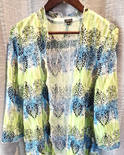 Izaro Green & Blue Textured 3/4 Sleeve Lightweight Open Front Drape Blouse