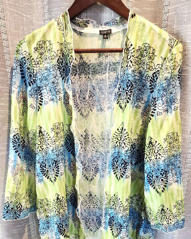 Izaro Green & Blue Textured 3/4 Sleeve Lightweight Open Front Drape Blouse