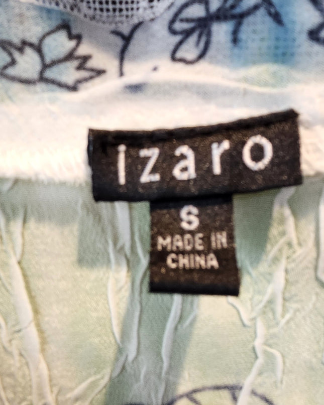 Izaro Green & Blue Textured 3/4 Sleeve Lightweight Open Front Drape Blouse