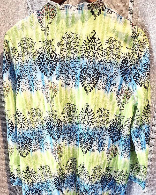 Izaro Green & Blue Textured 3/4 Sleeve Lightweight Open Front Drape Blouse