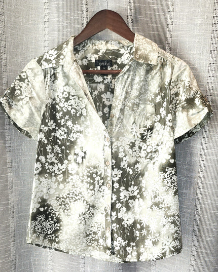 Erika Green Vintage Blouse with White Flowers