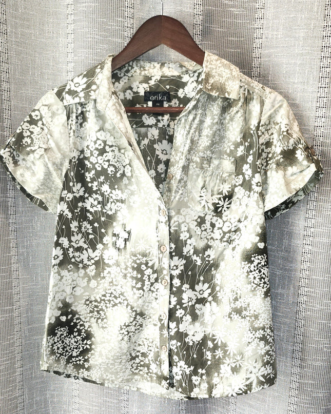 Erika Green Vintage Blouse with White Flowers