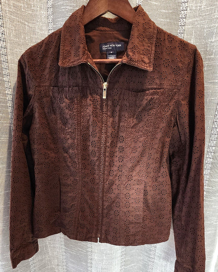 Jones New York Signature Brown Eyelet Zip Front Lightweight Jacket