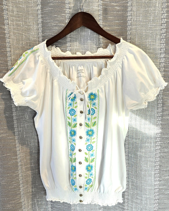 Dressbarn Adorable Puff Sleeve Embroidered Turquoise Flower Tie Front Peasant Top