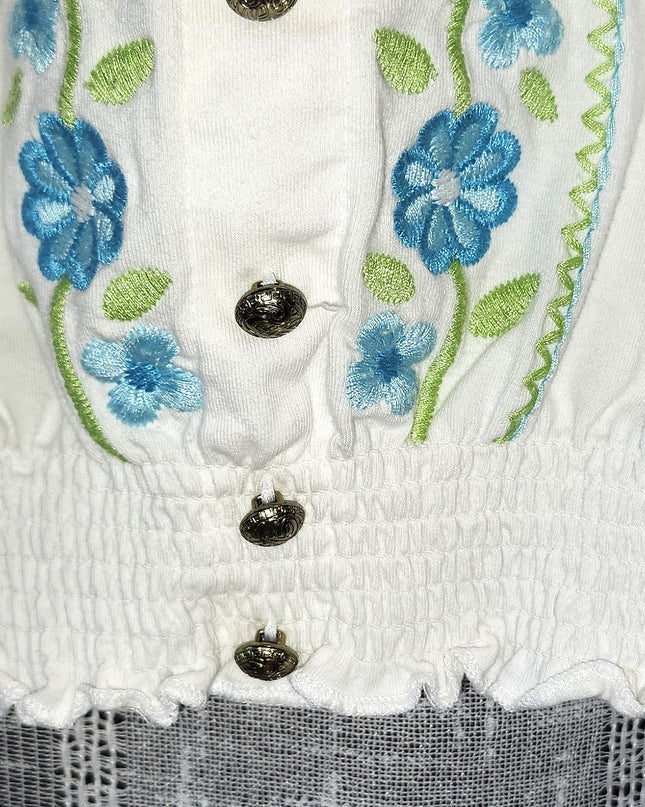 Dressbarn Adorable Puff Sleeve Embroidered Turquoise Flower Tie Front Peasant Top