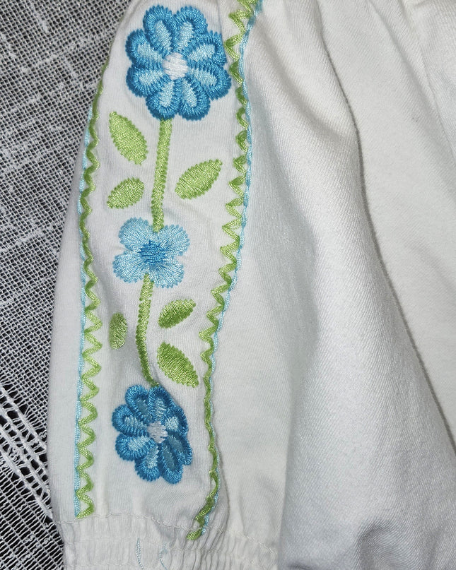 Dressbarn Adorable Puff Sleeve Embroidered Turquoise Flower Tie Front Peasant Top