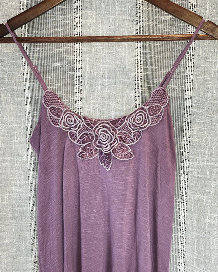 Eyeshadow Purple Lace Floral Applique with Silver Threading Camisole Top