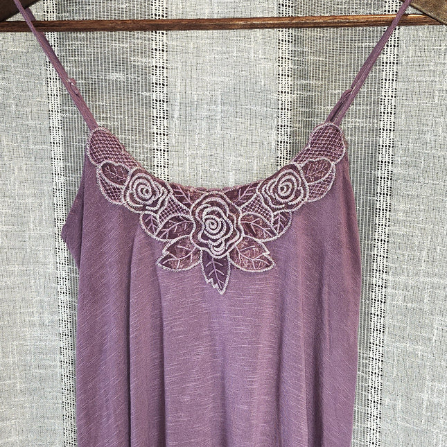Eyeshadow Purple Lace Floral Applique with Silver Threading Camisole Top