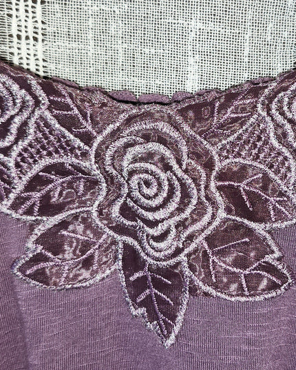 Eyeshadow Purple Lace Floral Applique with Silver Threading Camisole Top
