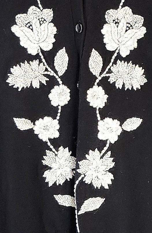 Kate Hill Vintage Boho Romantic Black Sweater with Embroidered Flowers