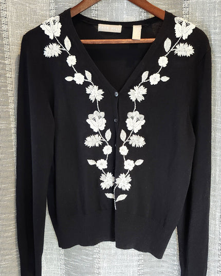 Kate Hill Vintage Boho Romantic Black Sweater with Embroidered Flowers
