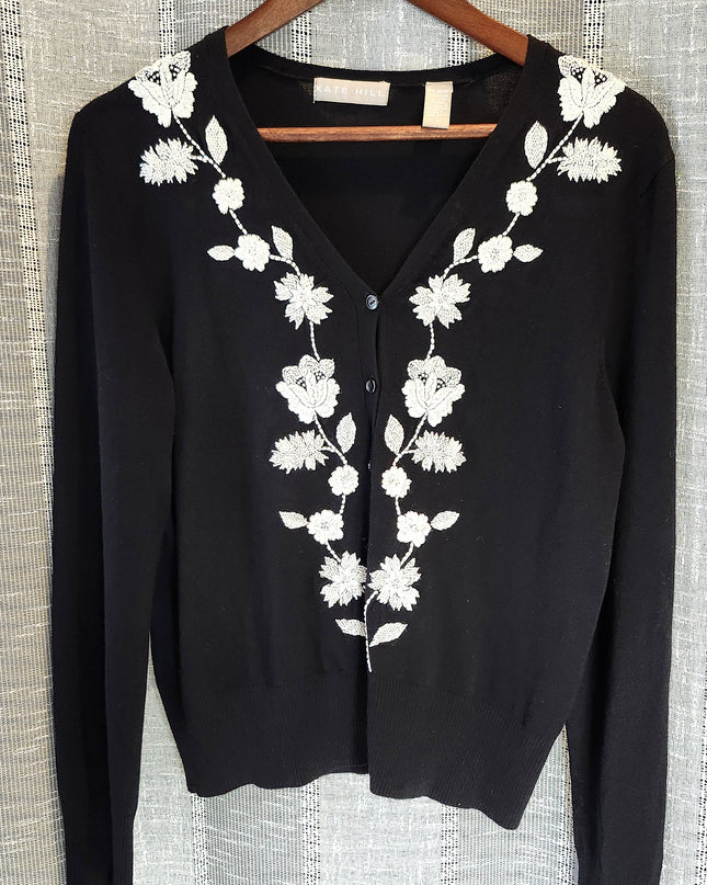 Kate Hill Vintage Boho Romantic Black Sweater with Embroidered Flowers