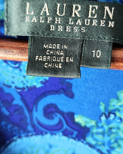 Lauren by Ralph Lauren Blue Paisely Sleeveless Form Fitting Stretch Cocktail Dress