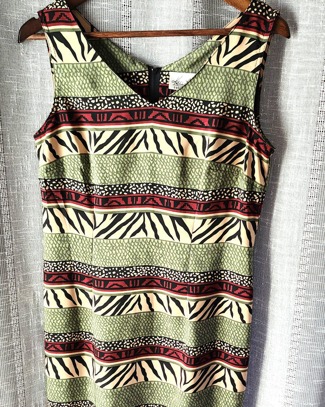Vintage Kathie Lee Collection Animal Safari Print Sleeveless Form Fitting Dress