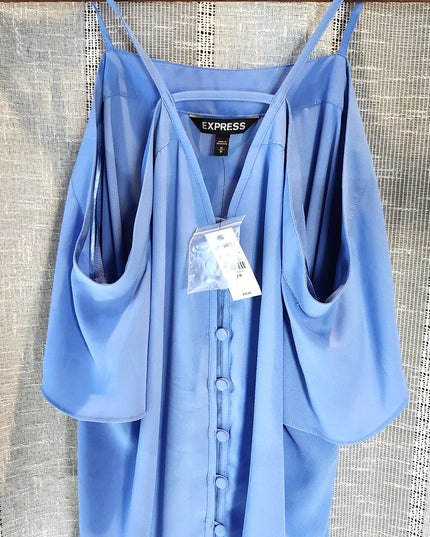 New Express Blue Button Front Cold Shoulder Flowy Blouse