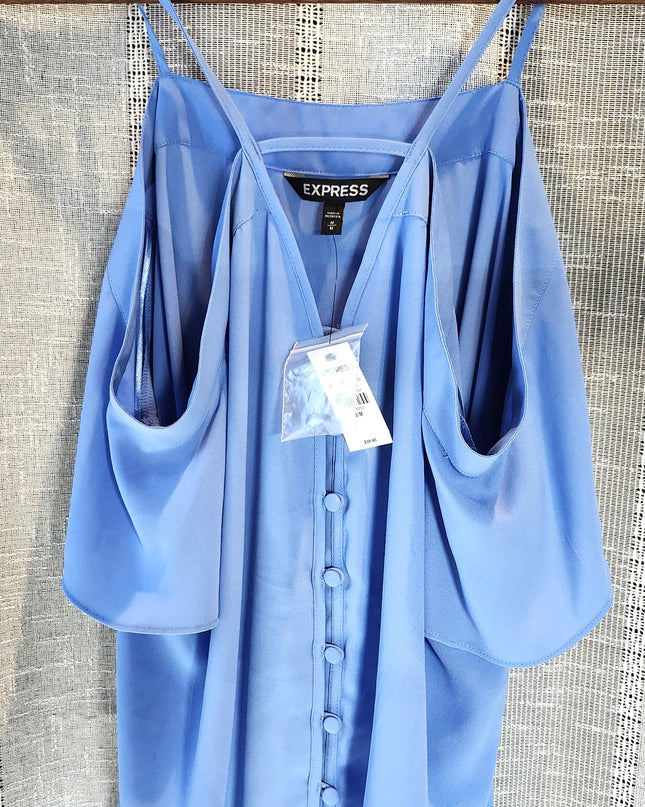 New Express Blue Button Front Cold Shoulder Flowy Blouse