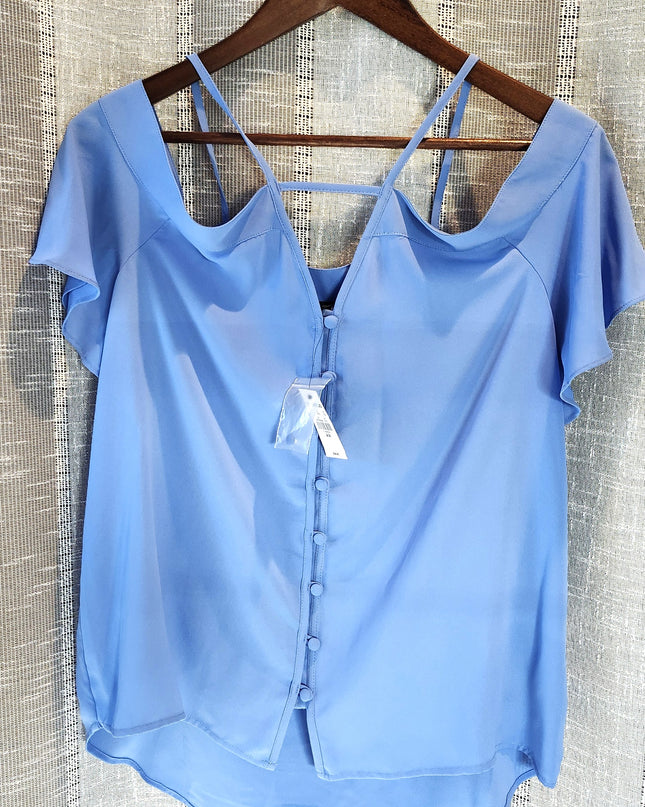 New Express Blue Button Front Cold Shoulder Flowy Blouse