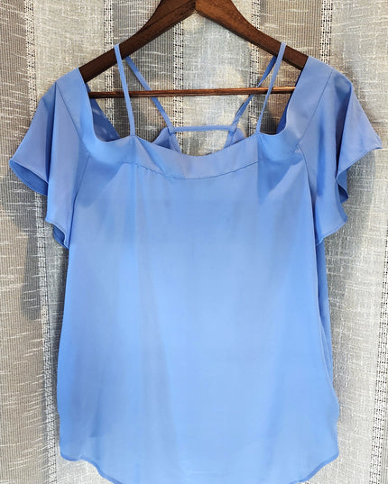 New Express Blue Button Front Cold Shoulder Flowy Blouse