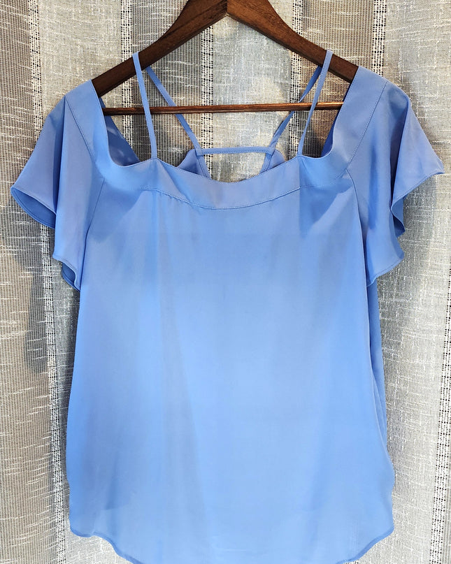 New Express Blue Button Front Cold Shoulder Flowy Blouse