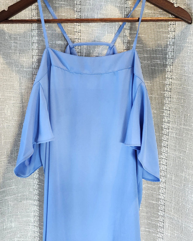 New Express Blue Button Front Cold Shoulder Flowy Blouse