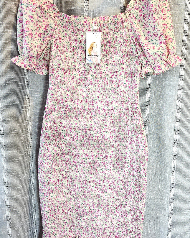 New Pretty Garden Floral Shirred Elastic Bodice Dress with Puff Sleeves