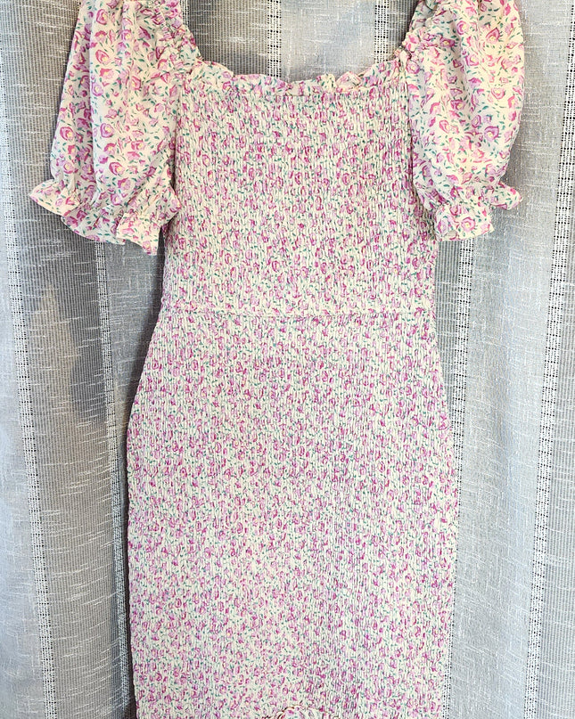 New Pretty Garden Floral Shirred Elastic Bodice Dress with Puff Sleeves