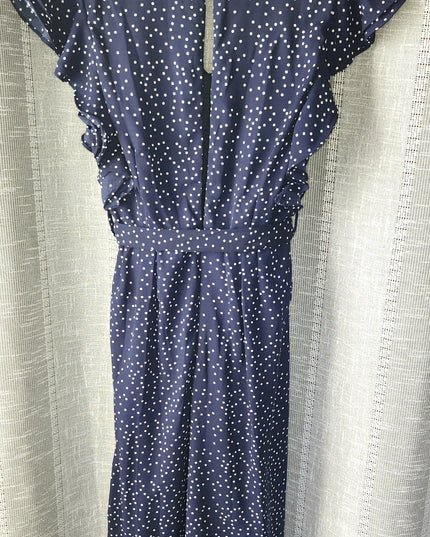 New She & Sky Navy Polka Dot Keyhole Back Flounce Sleeve Culottes One-Piece Romper