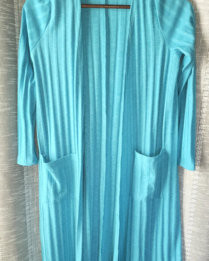 LuLaRoe Sarah Turquoise Ribbed Open Front Duster Sweater Cardigan with Pockets