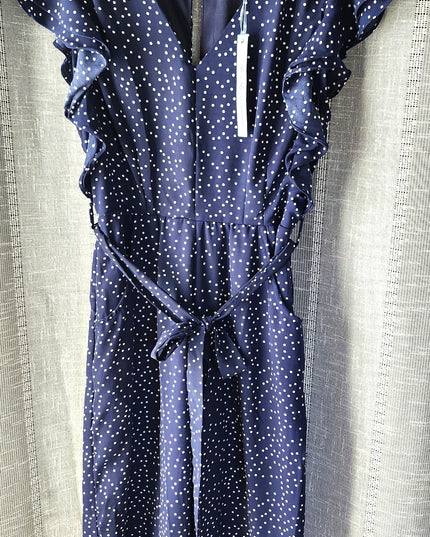 New She & Sky Navy Polka Dot Keyhole Back Flounce Sleeve Culottes One-Piece Romper