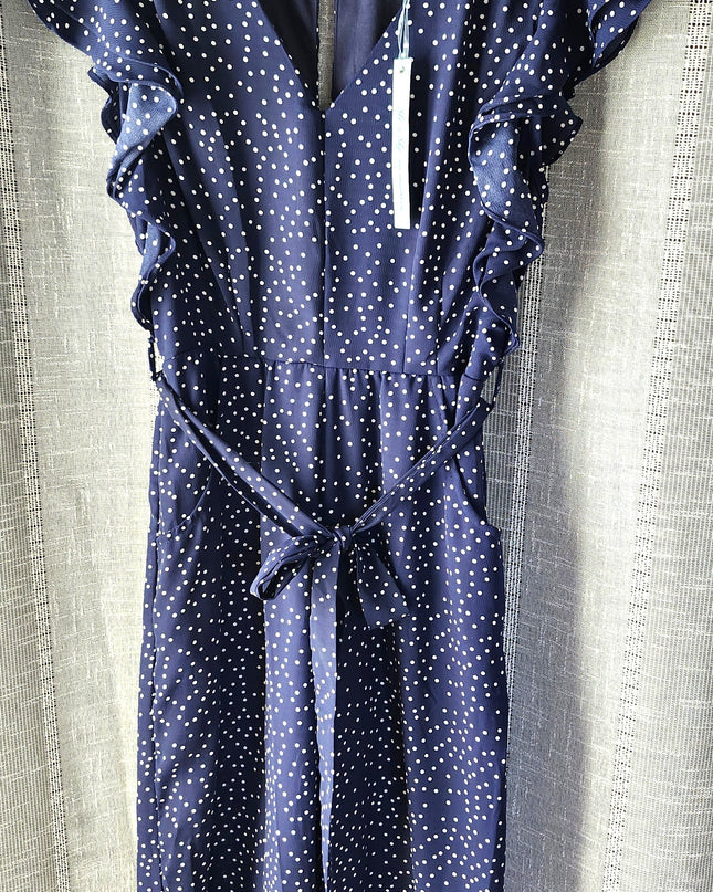 New She & Sky Navy Polka Dot Keyhole Back Flounce Sleeve Culottes One-Piece Romper