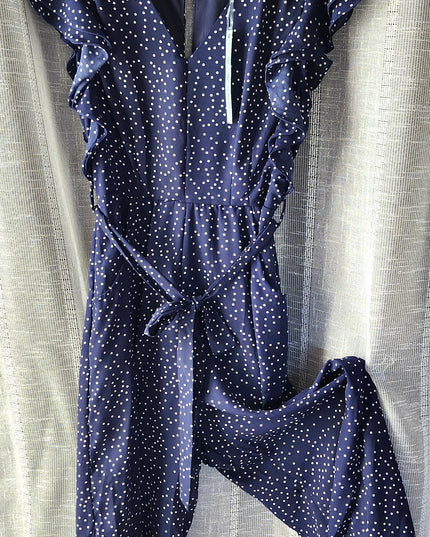New She & Sky Navy Polka Dot Keyhole Back Flounce Sleeve Culottes One-Piece Romper