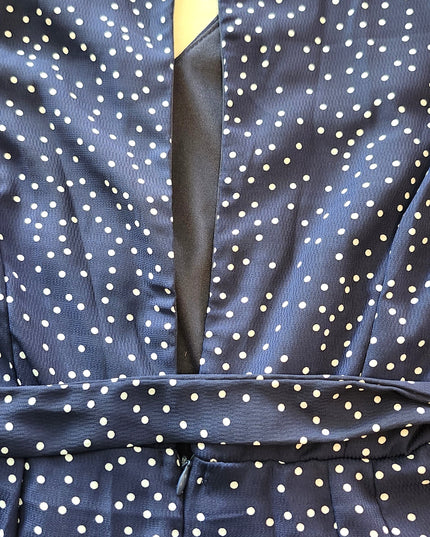 New She & Sky Navy Polka Dot Keyhole Back Flounce Sleeve Culottes One-Piece Romper
