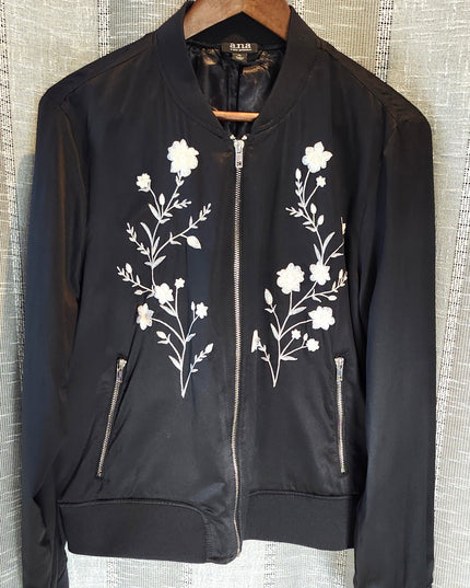 a.n.a. A New Approach Black Satin Look Bomber Jacket with White Embroidered Flowers
