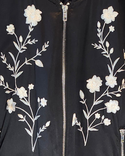 a.n.a. A New Approach Black Satin Look Bomber Jacket with White Embroidered Flowers