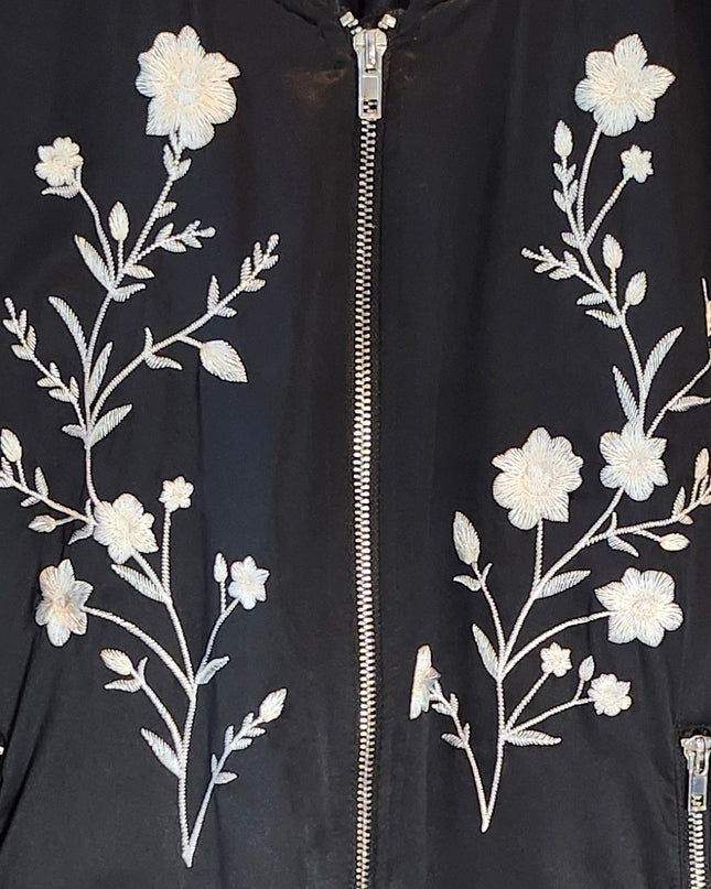 a.n.a. A New Approach Black Satin Look Bomber Jacket with White Embroidered Flowers