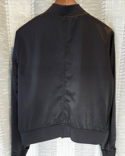 a.n.a. A New Approach Black Satin Look Bomber Jacket with White Embroidered Flowers
