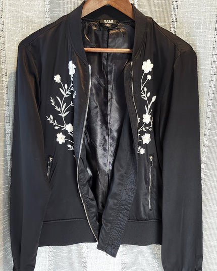 a.n.a. A New Approach Black Satin Look Bomber Jacket with White Embroidered Flowers