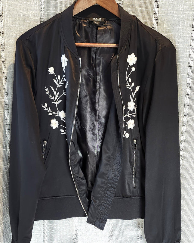 a.n.a. A New Approach Black Satin Look Bomber Jacket with White Embroidered Flowers