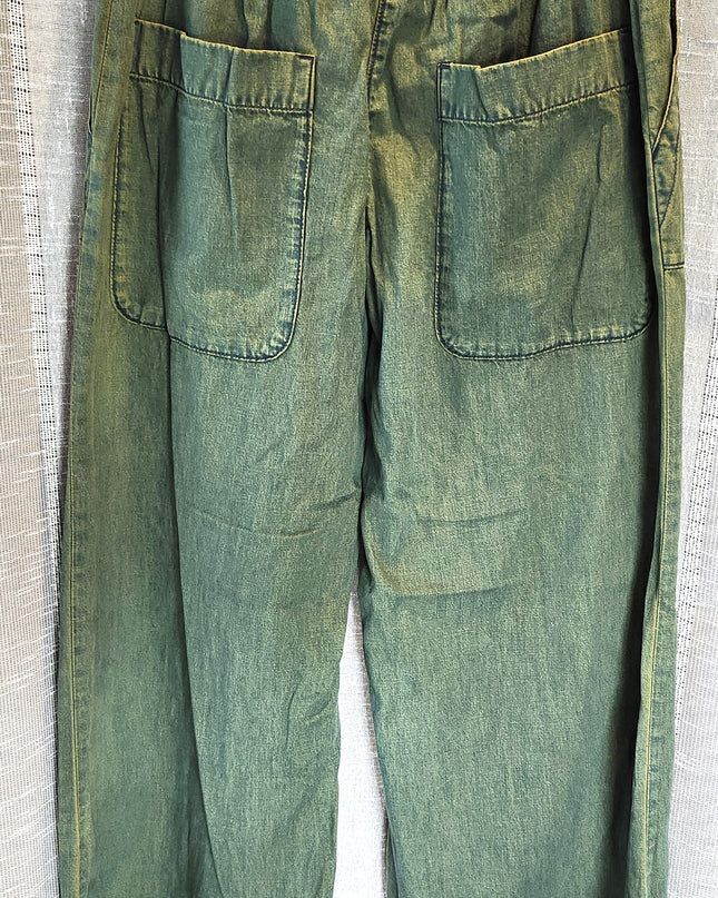 Free People We the Free Green Dyed Baggy Elastic Waist Pull on Pants with Patch Pockets