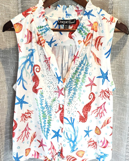 Onque Casual Front Tie Colorful Beach Design Blouse with Rhinestones
