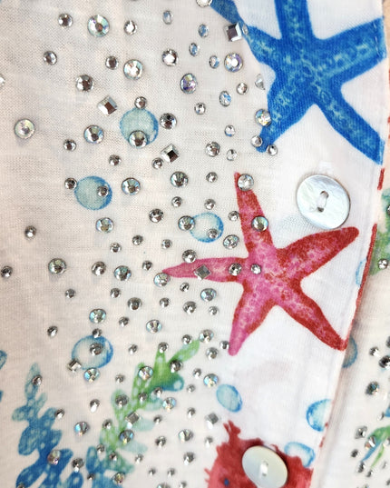 Onque Casual Front Tie Colorful Beach Design Blouse with Rhinestones