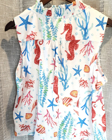 Onque Casual Front Tie Colorful Beach Design Blouse with Rhinestones