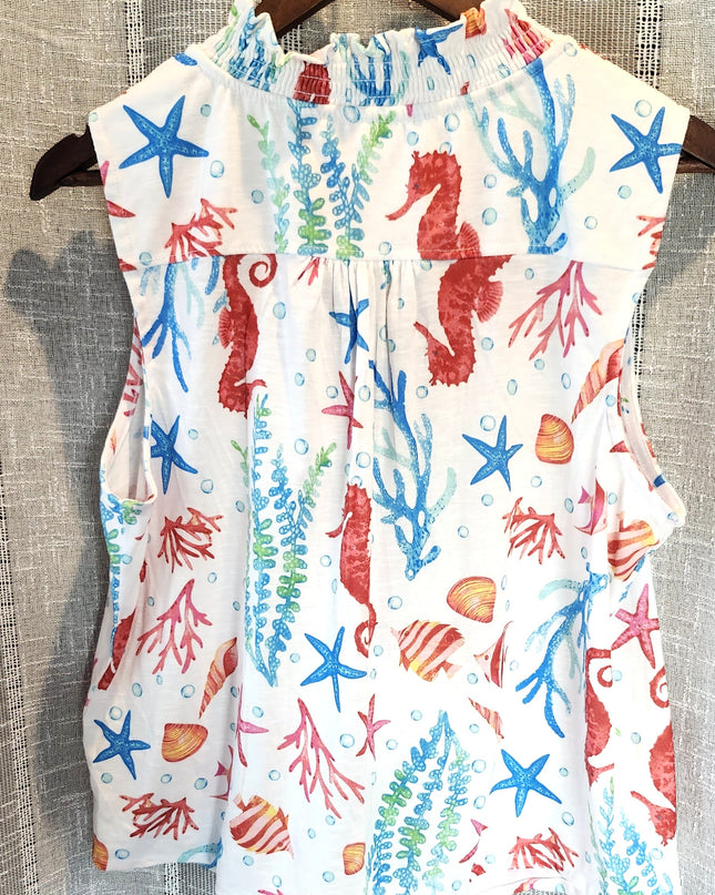 Onque Casual Front Tie Colorful Beach Design Blouse with Rhinestones