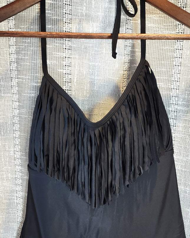 New Catalina Black Fringe Halterkini Swim Top