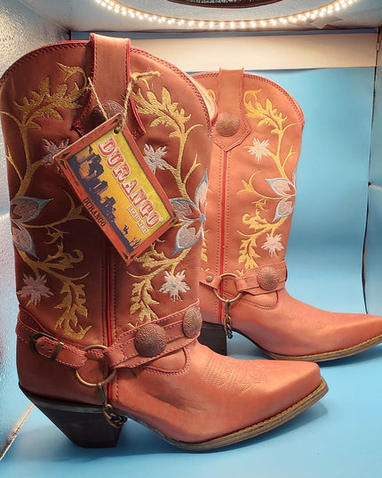 New Durango Women's Crush Harness Western Boot Ramblin' Rose Coral Floral Embroidery Leather Cowboy Boots