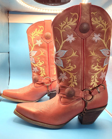 New Durango Women's Crush Harness Western Boot Ramblin' Rose Coral Floral Embroidery Leather Cowboy Boots