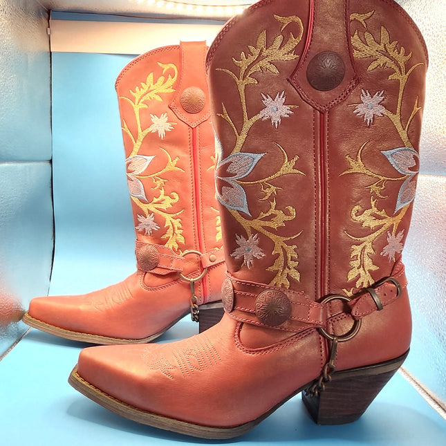 New Durango Women's Crush Harness Western Boot Ramblin' Rose Coral Floral Embroidery Leather Cowboy Boots